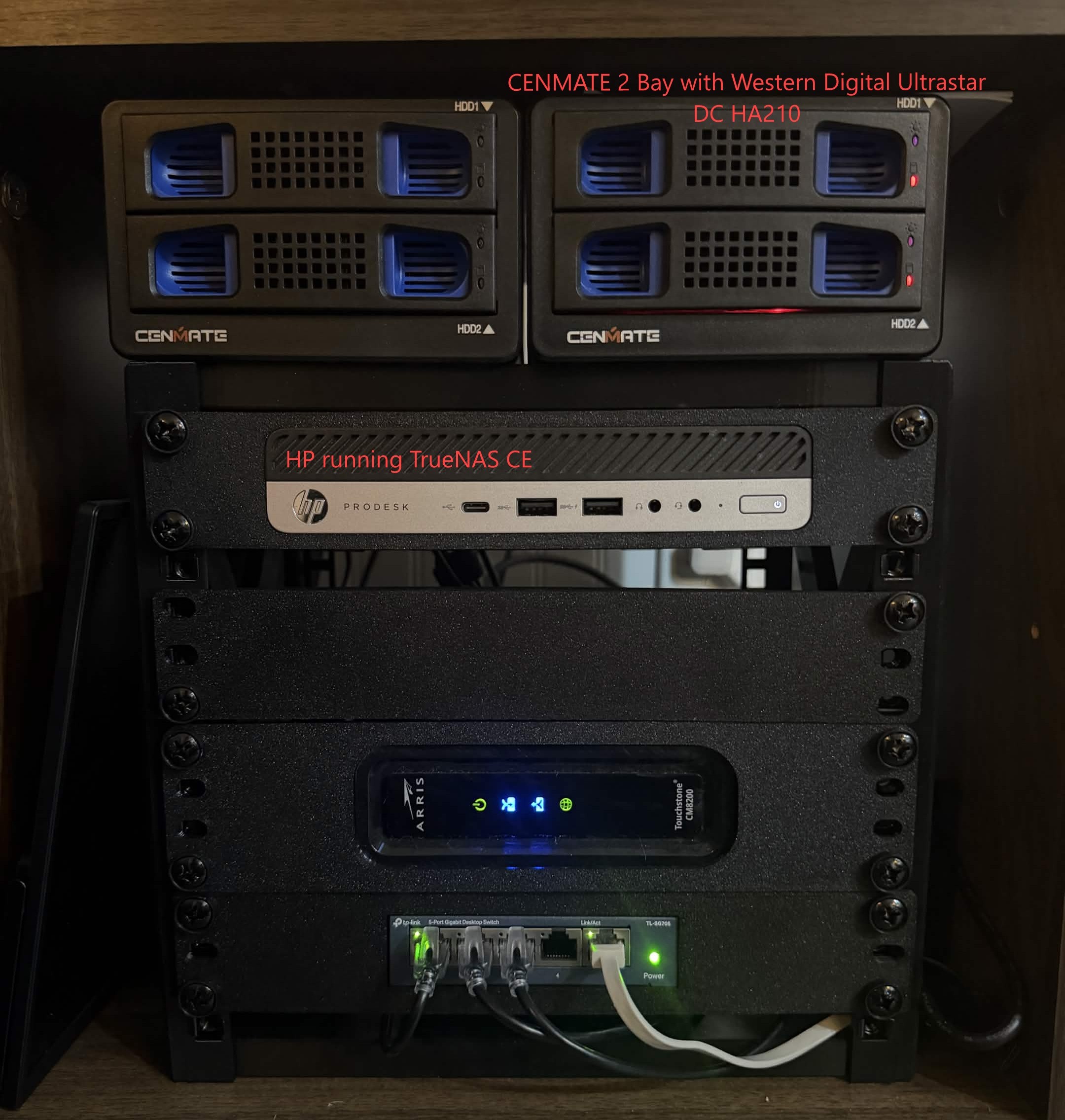 Completed HP ProDesk 600 G3 NAS mounted in a custom 10-inch rack