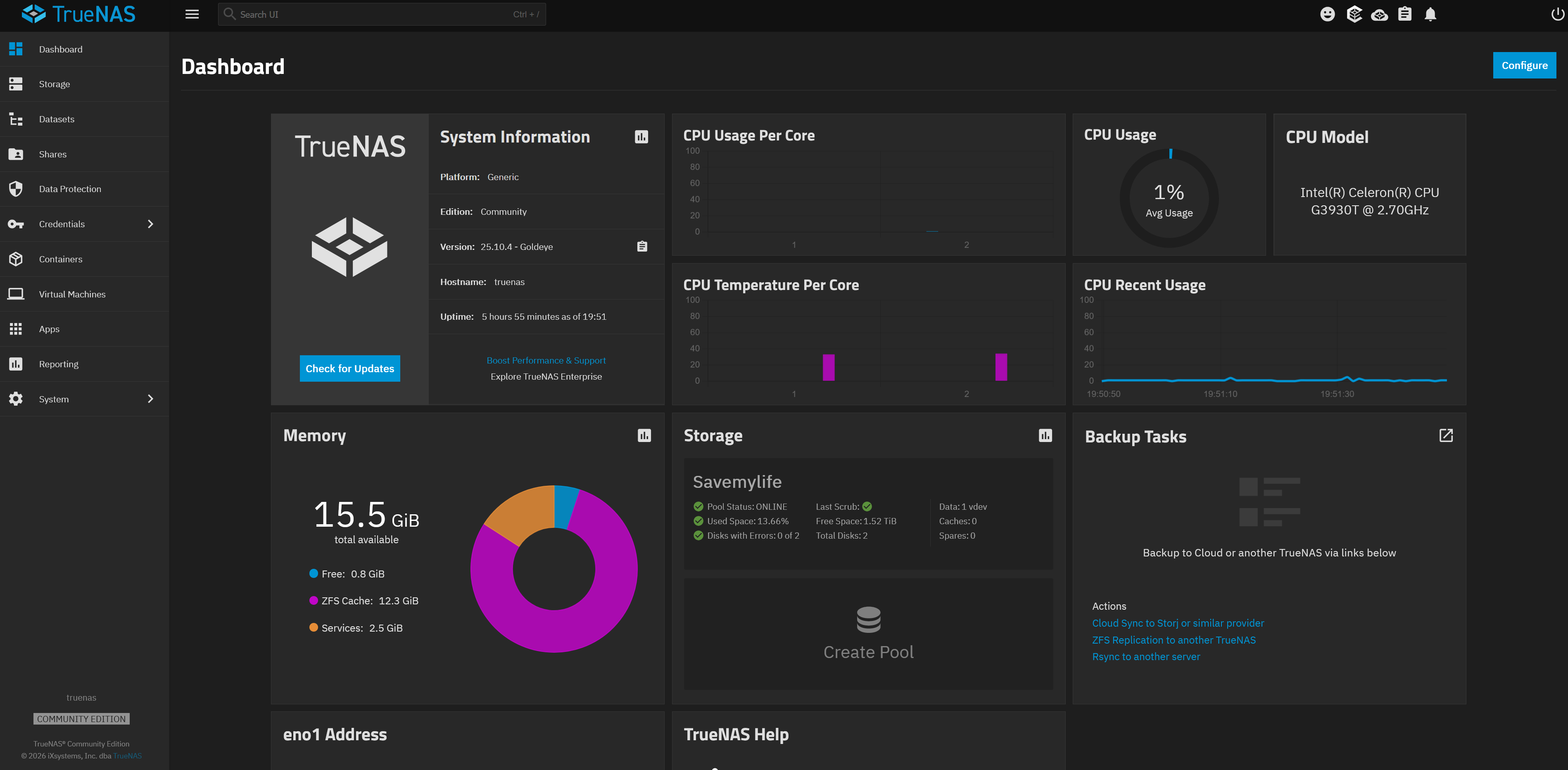 TrueNAS dashboard setup