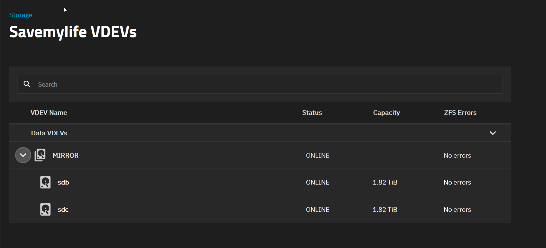 TrueNAS storage pool with configured drives